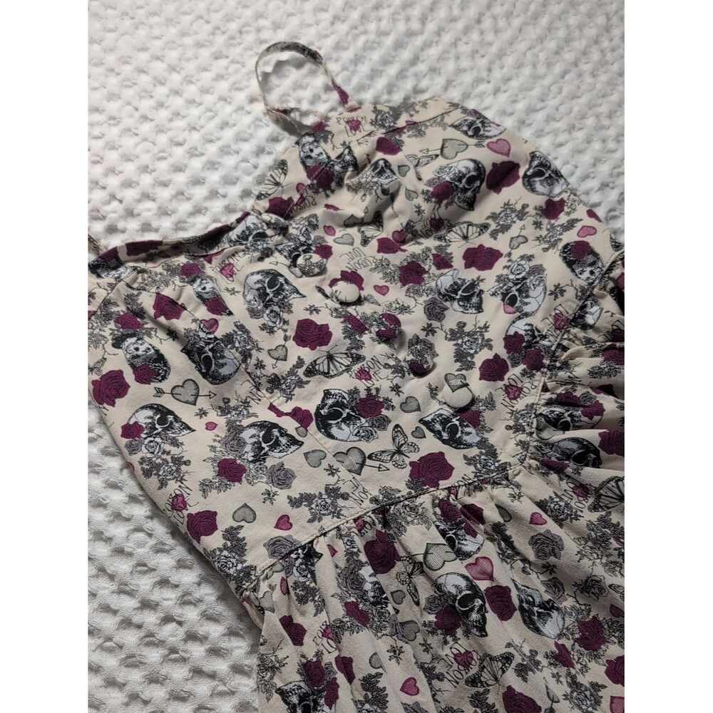 Hell Bunny Cream Fit And Flare Top with Berry Skull & Rose Print Size M